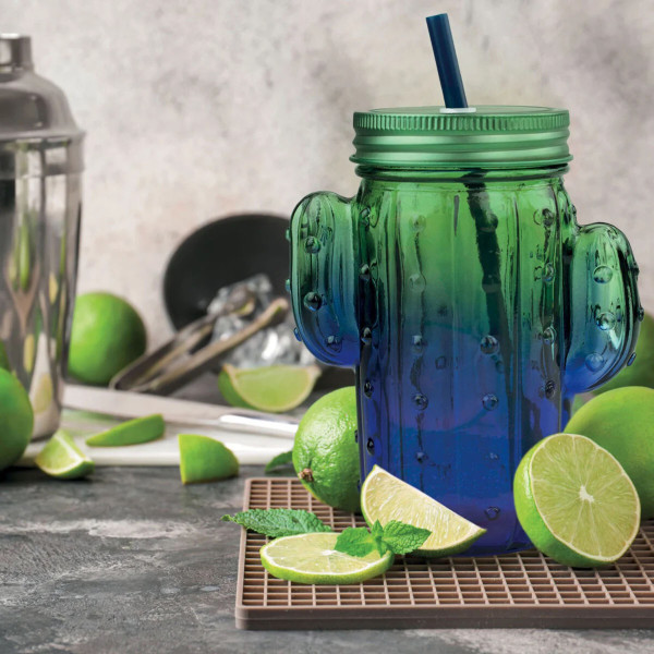 Bicchiere in Vetro con Tappo e Cannuccia - Cheers CACTUS -
